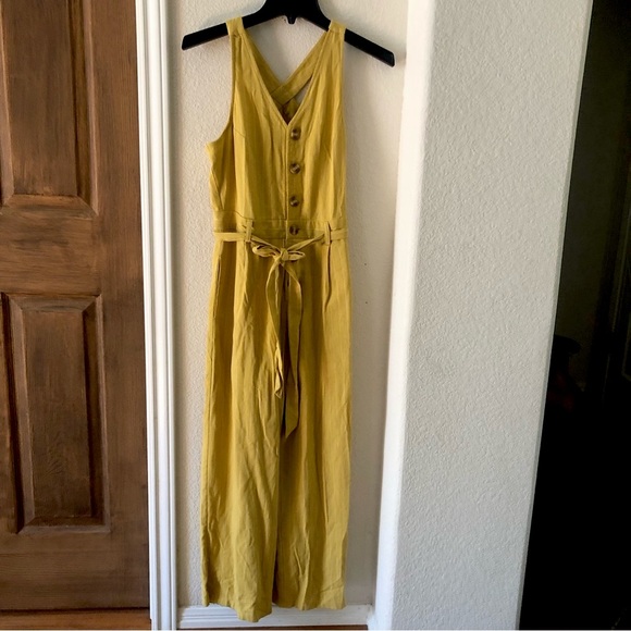 Emmer & Oat Jumpsuit Halter Pinstripes Mustard Cotton Blend Size Small Pockets - Picture 13 of 13